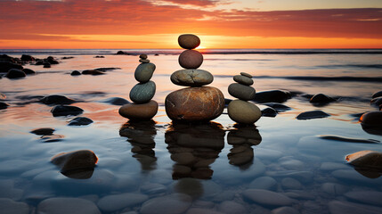 Front-Facing Ocean Sunset: A Harmonious Blend of Stones, Waves, and Sunset, Suitable for Home Decor and Digital Art Projects