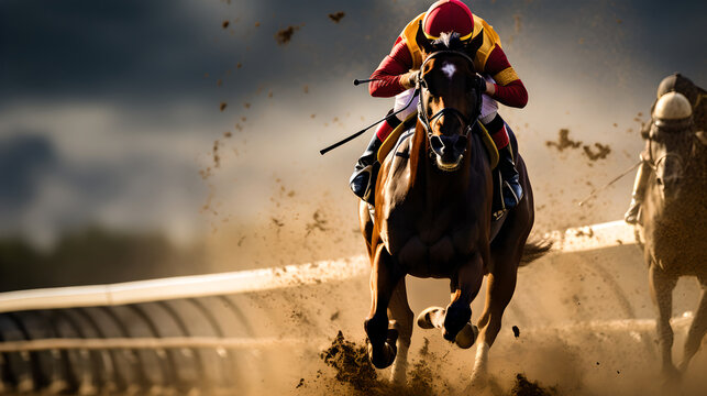 Close Up Race Horses With Jockeys At The Racetrack, Horses With Jockeys Running Towards Finish Line.