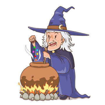 Cartoon character of old witch boiling poison.