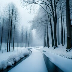 Winter snowy frosty landscape. The forest is covered snow. Frost and fog in the park.AI generated
