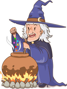 Cartoon character of old witch boiling poison.