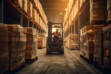 Man driving a forklift transporting cardboard boxes, male warehouse worker transferring boxes full of merchandise. Warehouse and distrucution concept.