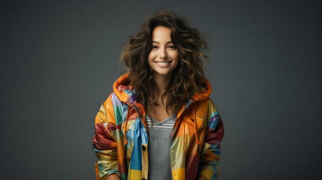 A confident American woman with a stylish colorful shirt, curly brunette hair, and a dark background, radiating happiness and positivity in a cheerful studio portrait.