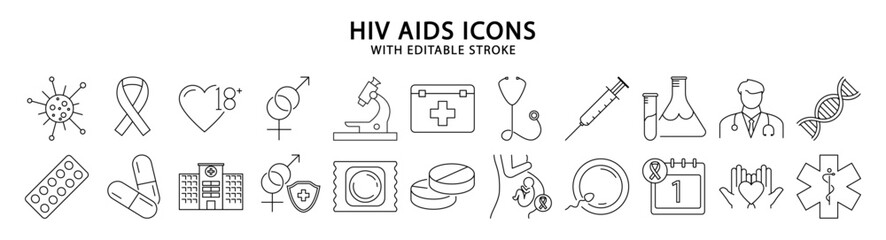 HIV AIDS icons. Set icon about HIV AIDS. HIV AIDS line icons. Vector illustration. Editable stroke.