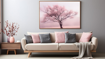 Grey sofa with pink pillows and blanket against white wall with abstract art poster. Interior design of modern living room