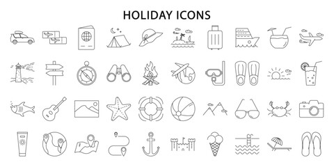 Holiday icons. Set icon about holiday. Holiday line icons. Vector illustration. Editable stroke.