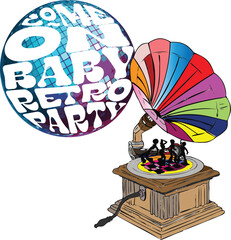 Vintage vinyl player gramophone colorful people dancing retro party celebration. Saturday night fever in 70's 80's era. 