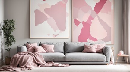 grey sofa with pink pillows blanket and background art  pictures