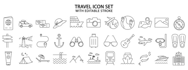 Travel Icons. Set icon about travel. Travel Line Icons. Vector illustration. Editable stroke.