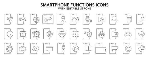 Smartphone icons. Set icon about smartphone functions. Smartphone line icons. Vector illustration. Editable Stroke.