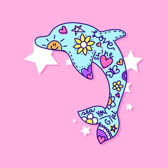 ABSTRACT DOLPHIN WITH STARS AND DOODLES, SLOGAN PRINT VECTOR