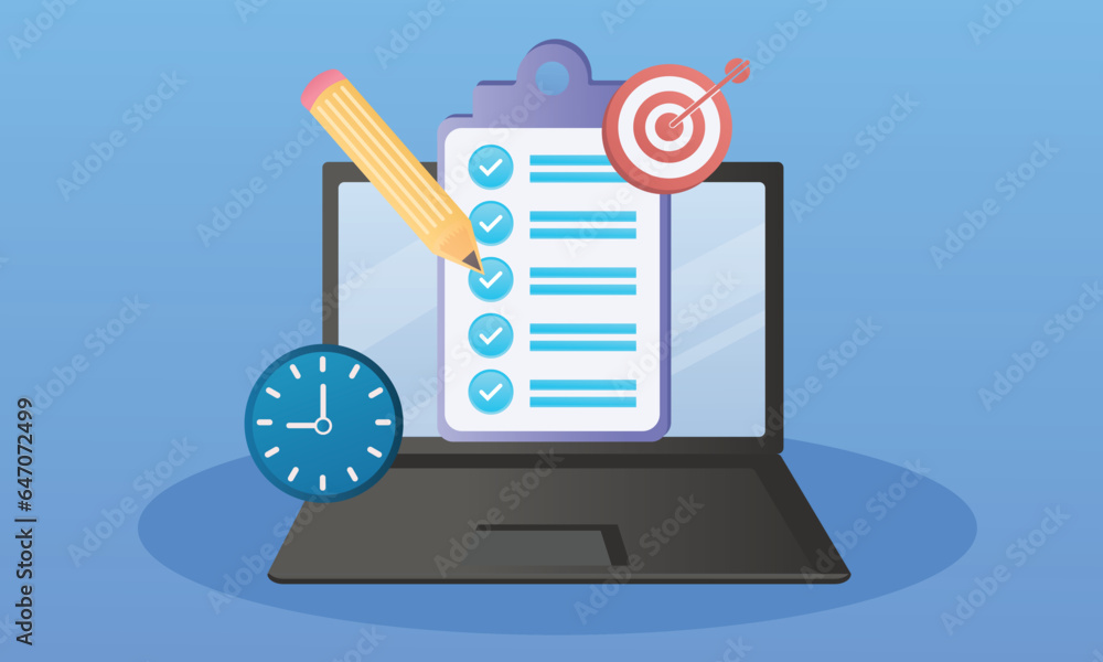 Poster laptop computer complete with checklist and pencil work management concept.on blue background.vector