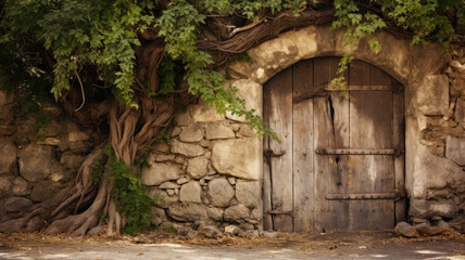 Rustic Wooden Gate and Stone Wall Background