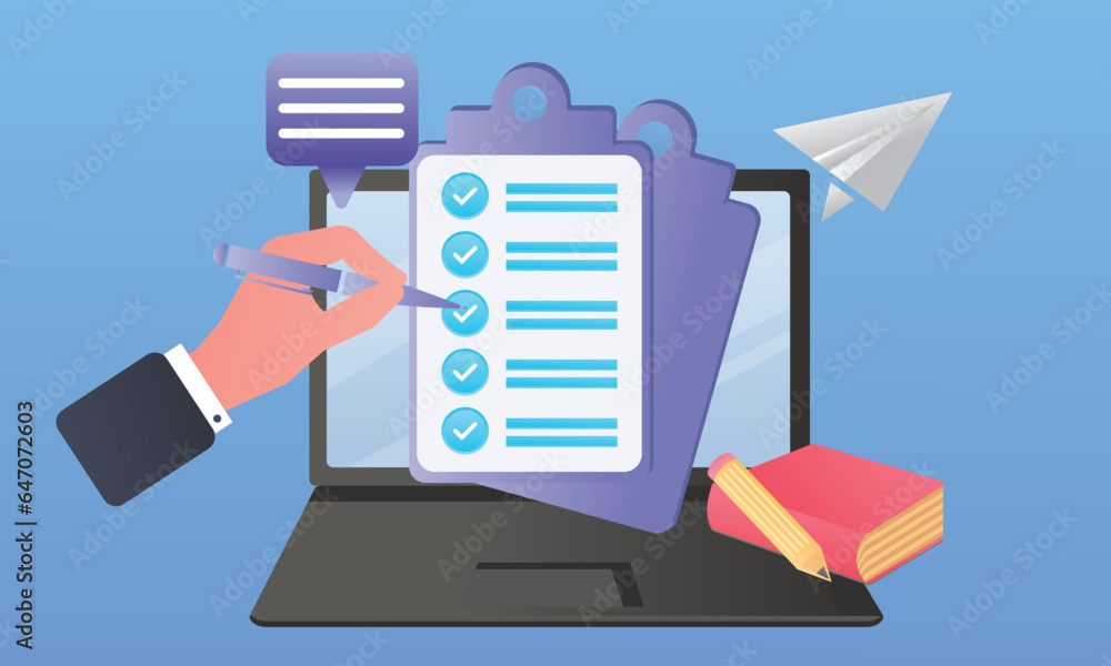 Aufkleber audit people and computers with web browser window and checklist working form filling.on blue backgr