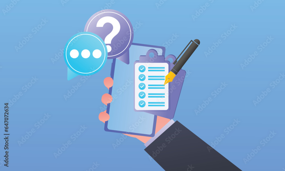 Poster mobile phone hand with task and question mark voting form on smartphone.on blue background.vector de