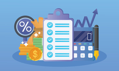 Financial analysis, accounting, business auditing concepts.on blue background.Vector Design Illustration.