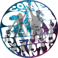 Retro disco ball with people dancing in shadow. 70's 80's party night dance. Vintage peoples night life. Celebration decoration card. 