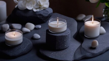 Fototapeta na wymiar Close-up of a burning wax candle standing on a decorative gray .stone. Generative AI.