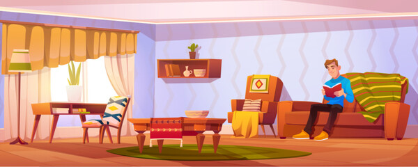 Man reading book of sofa in house living room vector background. Bohemian livingroom lounge interior with table, chair, couch and carpet inside retro flat with male character graphic illustration.