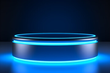 Blue glowing neon product display podium, 3d display minimalist empty space podium with blue neon light, 