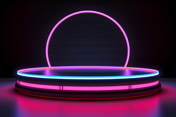 3d render of pink and blue round podium on black background, product display podium for beauty, tech, advertising products - obrazy, fototapety, plakaty