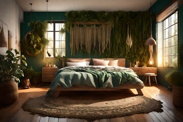  3D rendering of a rustic, bohemian-inspired bedroom. Showcase a green wall adorned with a macramé decoration, a comfortable bed, and eclectic decor that exudes warmth and character. - obrazy, fototapety, plakaty