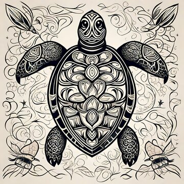 a minimalistic style turtle, tattoo  drawing, with intricate patterns and solid black lines