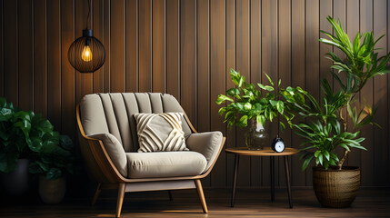 Lounge chair near wood paneling wall between potted houseplants. Mid-century home interior design of modern living room