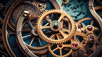 Inside a clock. Gears, cogs, watch mechanism. Mechanical metal machine. Industrial vintage parts. Engineering time.