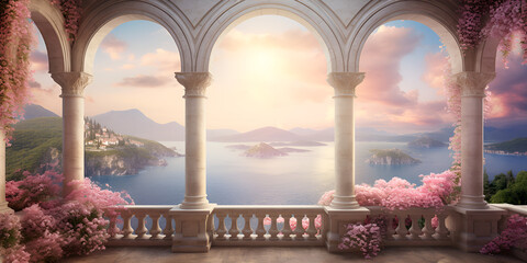 3d mural wallpaper Beautiful view of landscape background,,,,, garden in the Baron style Stone arches overlooking the river 