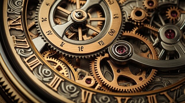 Inside a clock. Gears, cogs, watch mechanism. Mechanical metal machine. Industrial vintage parts. Engineering time.