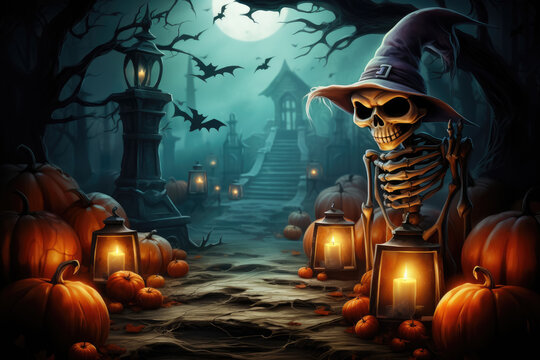 Halloween Day  , Skeleton and Pumpkins in graveyard at full moon night , Holiday event halloween banner background concept
