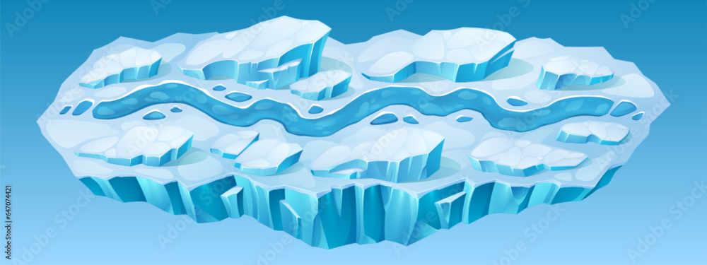 Poster winter ui mobile game map level road cartoon background with snow. ice ground race template for onli
