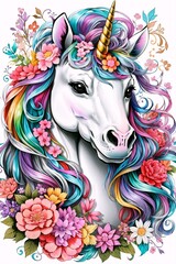 Unicorn with rainbow mane and flowers. Vector illustration.	