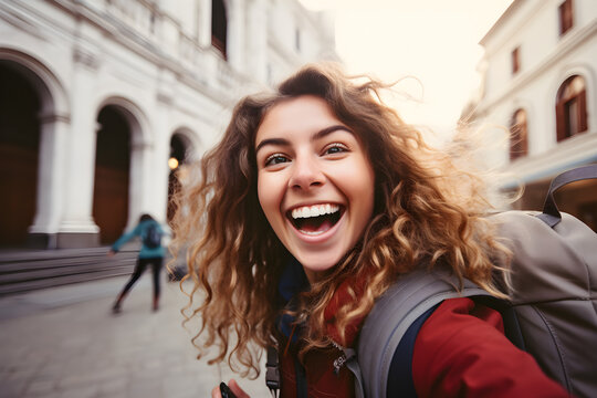 Happy female tourist with backpack taking selfie picture with smart mobile phone outside - Millennial woman having fun on adventure trip - Traveling and technology concept