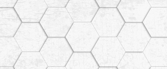 Hexagons grunge wall seamless texture, Tiles. A white marble wall with hexagon tiles for texture and abstract white hexagon concept background.