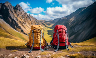 Close up of two colorful mountain backpacks on nature landscape - Adventure backpacking travel background