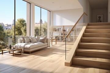 modern minimalist upstairs landing with light natural materials