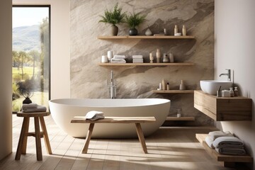 Fototapeta na wymiar modern minimalist scandinavian bathroom with light natural materials