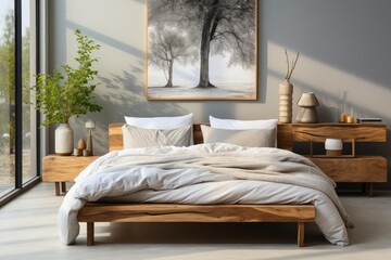 modern minimalist scandinavian bedroom with light natural materials