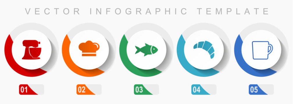 Cooking icon set, miscellaneous icons such as mixer, chef hat, fish, cake and cup, flat design vector infographic template, web buttons in 5 color options
