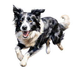 Running Border Collie dog watercolor clipart on transparent background. Generative AI illustration
