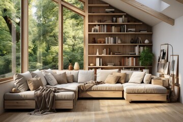 modern minimalist scandinavian library with light natural materials