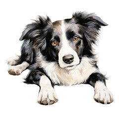 Fototapeta premium Lying Border Collie dog watercolor clipart on transparent background. Generative AI illustration