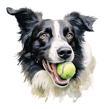 A playful Border Collie dog with a tennis ball in his mouth watercolor clipart on transparent background. Generative AI illustration