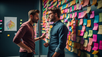 creative Caucasian young man with friend in casual wear present to team discussing with colorful note paper on glass board.