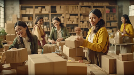 Happy young businesswomen preparing delivery parcels in a thrift store day time.Generative AI.