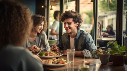 Happy young friends enjoy eating food and drinking talking together over lunch in a coffee shop.