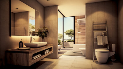 Bathroom in bright colors Showing freshness coupled with a beautiful environment.