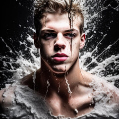 Fototapeta premium Abstract expressionist drip technique artwork of a handsome young man. Generative AI